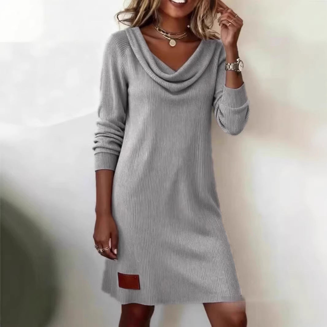 Damen lässiges Strickkleid mit Wasserfall-Ausschnitt Drune
