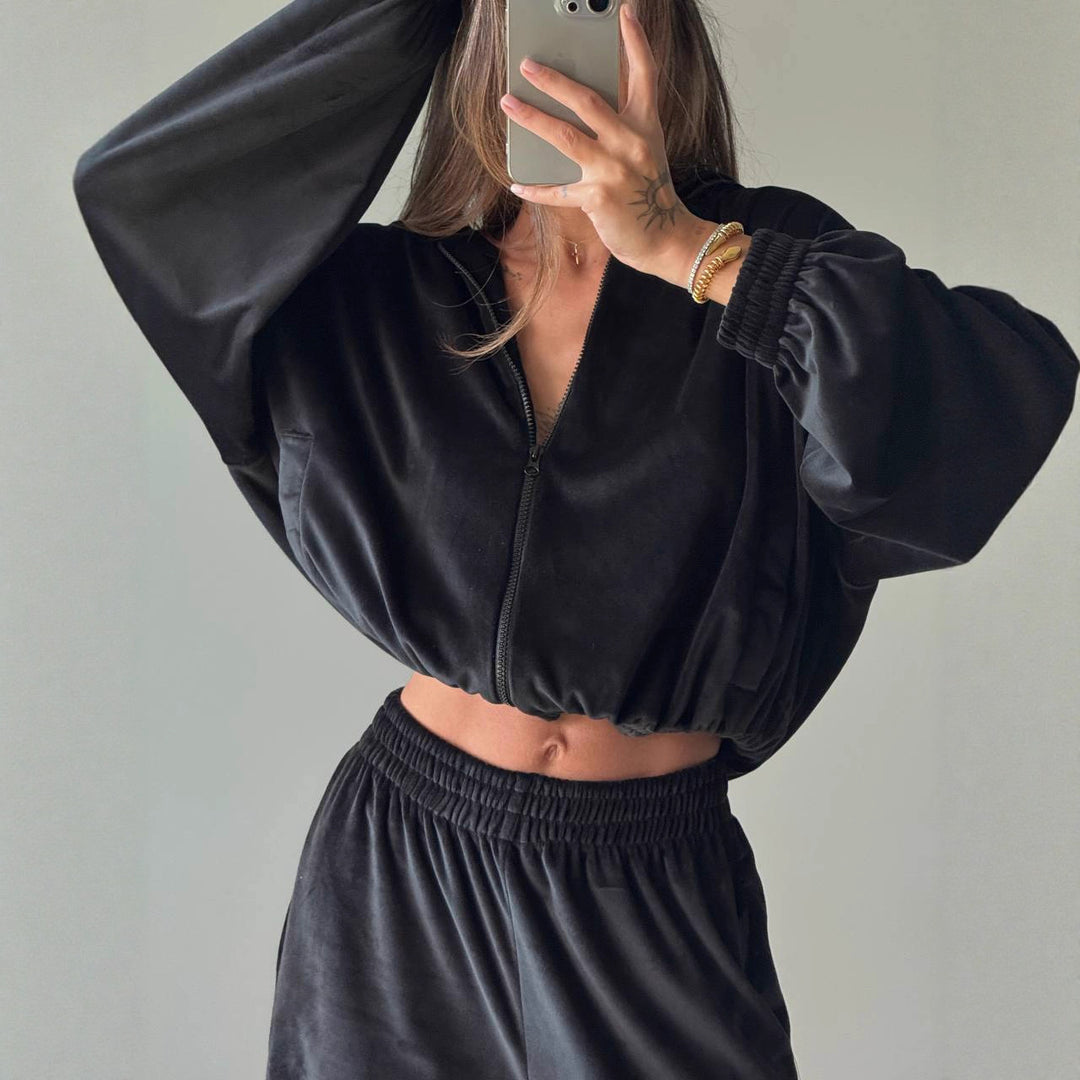Damen modisches Velours-Set mit elastischem Bund und hohem Kragen Drune