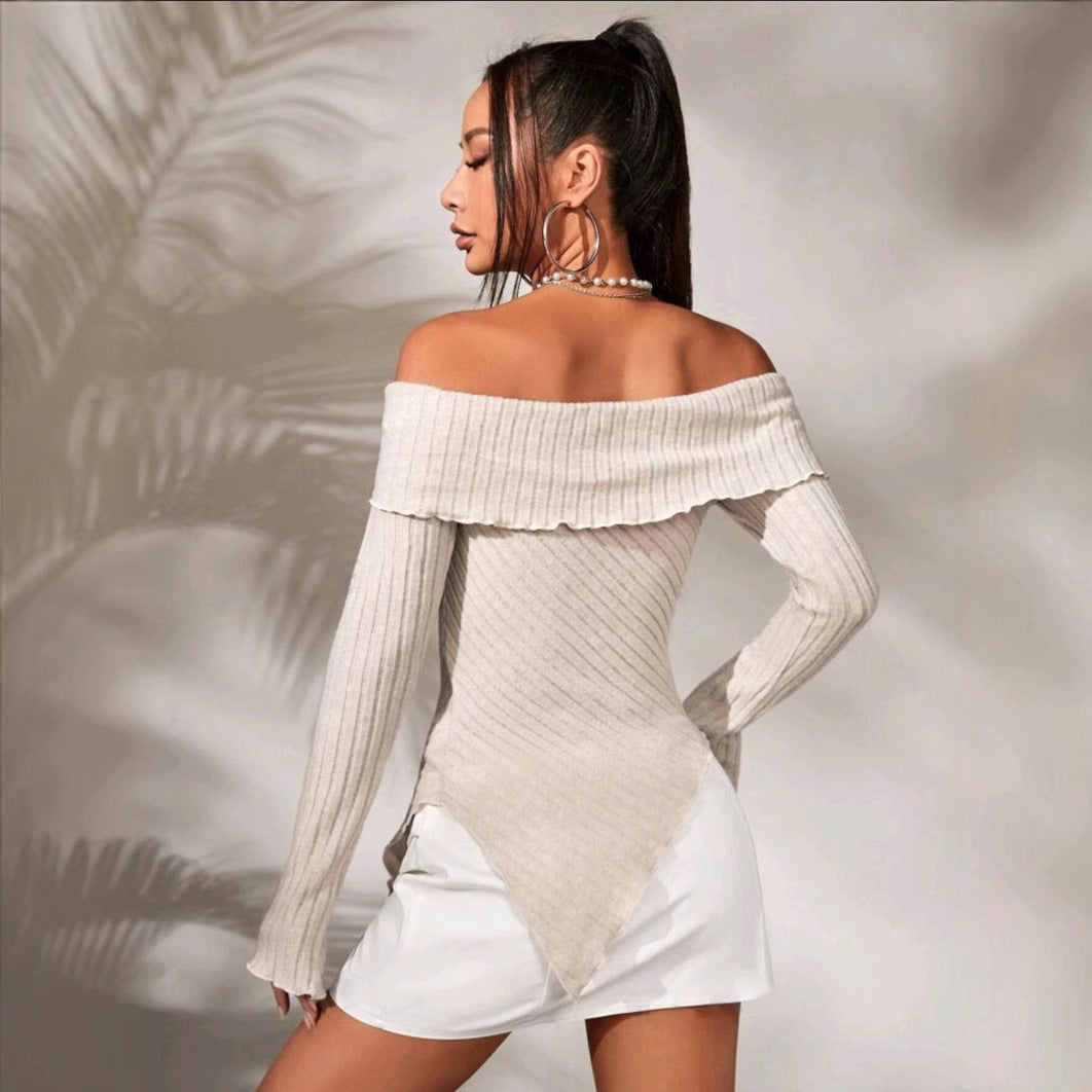Damen Rippstrick-Oberteil mit Off-Shoulder-Ausschnitt und dekorativer Ausstattung Drune