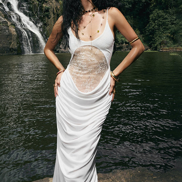 Damen Elegantes langes Kleid mit transparentem Spitzenbesatz und raffinierten Drapierungen Drune