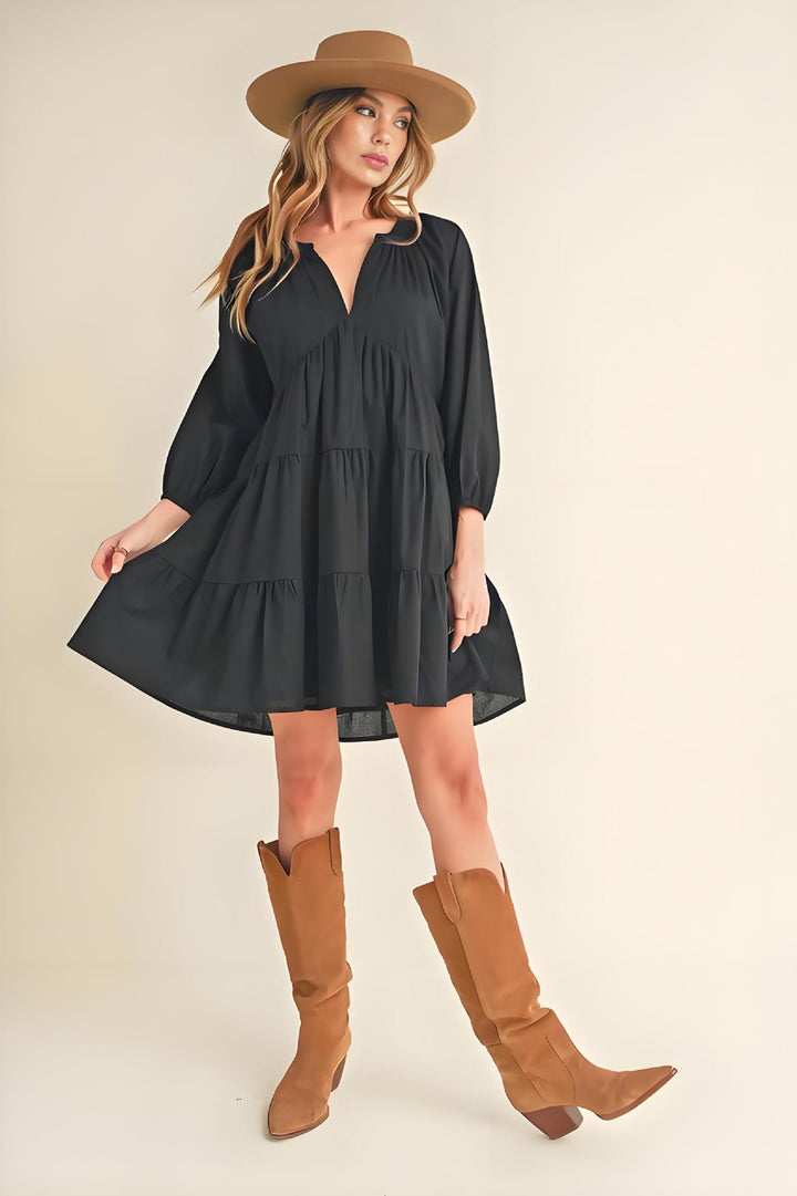 Damen luftiges Babydoll Kleid mit Rüschen und V-Ausschnitt Drune