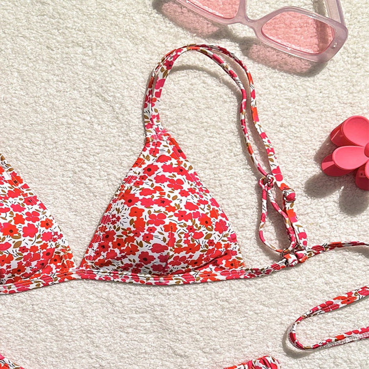 Damen Triangel-Bikini mit buntem Blumendesign und verstellbaren Trägern Drune
