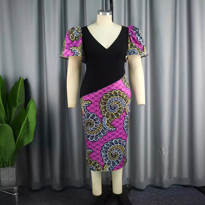 Damen figurbetontes Kleid mit bunten Puffärmeln und asymmetrischem Design Drune