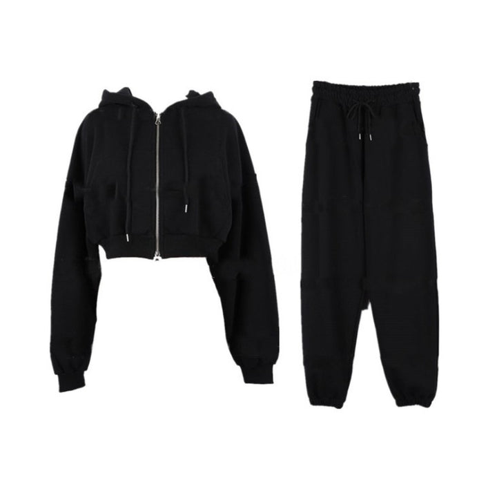 Damen lässiges Set mit cropped Kapuzenjacke und Jogginghose Drune