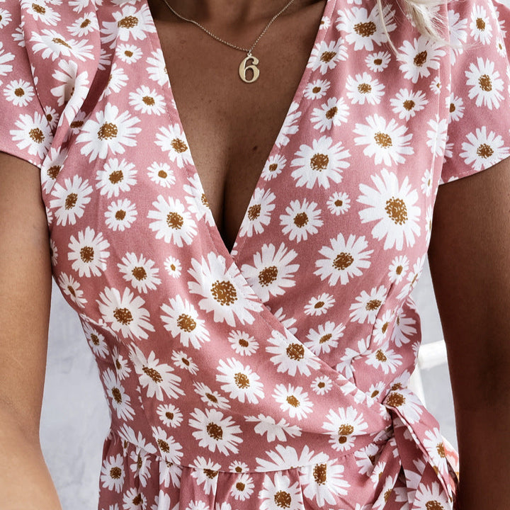 Damen florales Wickelkleid mit kurzem Ärmel und schwingendem Rock Drune