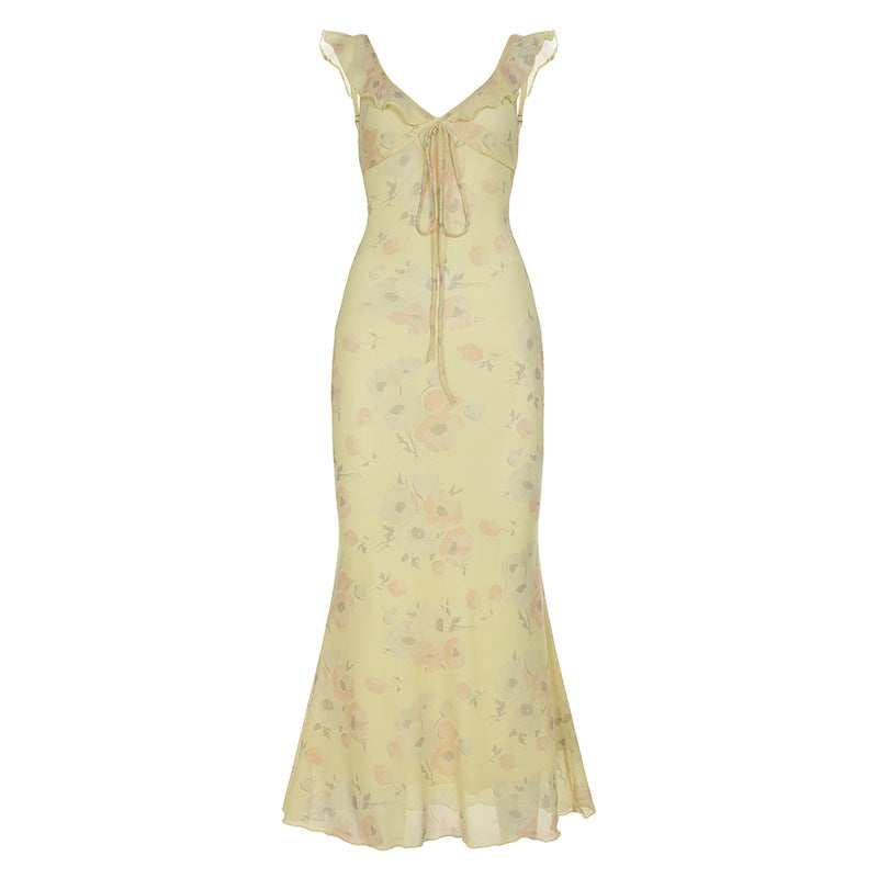Damen Maxikleid mit floralem Muster und zartem Rüschensaum Drune