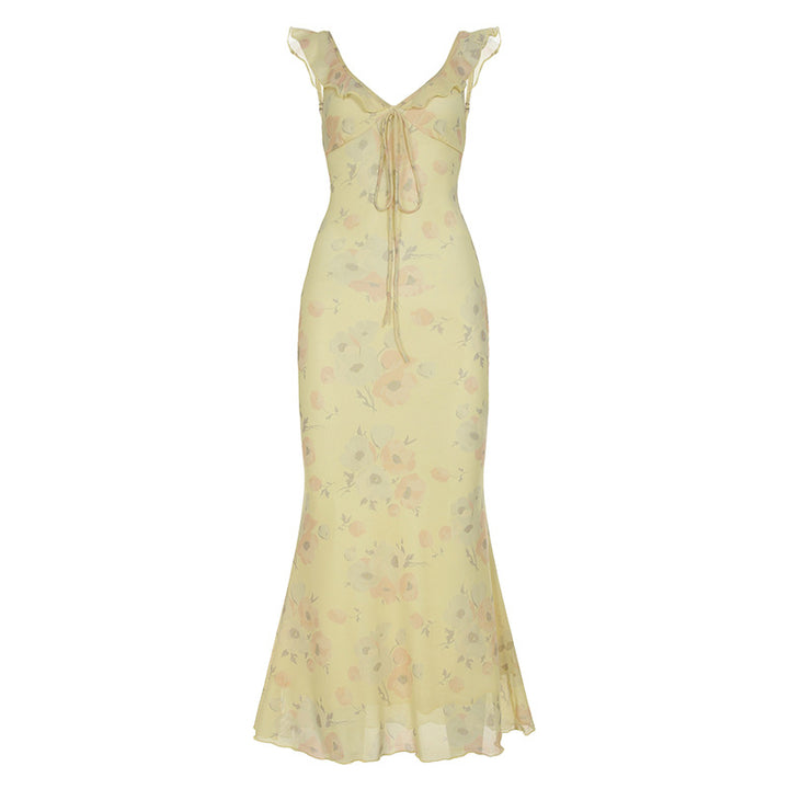 Damen Maxikleid mit floralem Muster und zartem Rüschensaum Drune