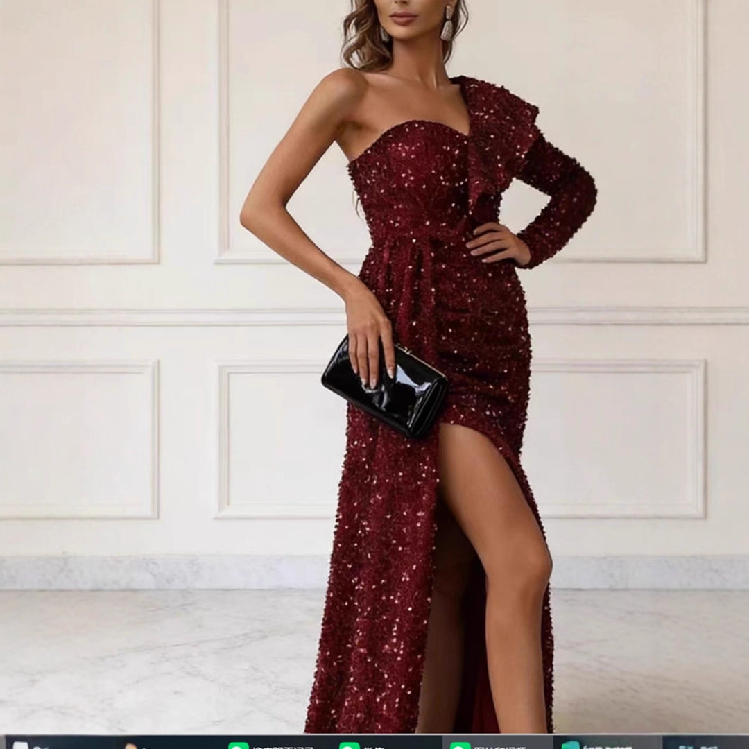 Damen Glamouröses Abendkleid mit asymmetrischem Cut und funkelnden Pailletten Drune