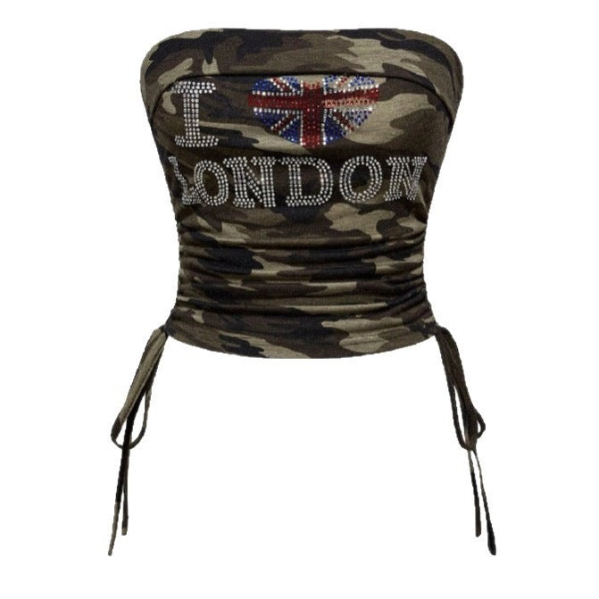 Damen Bustier-Oberteil mit Camouflage-Muster und Strass-Applikationen Drune