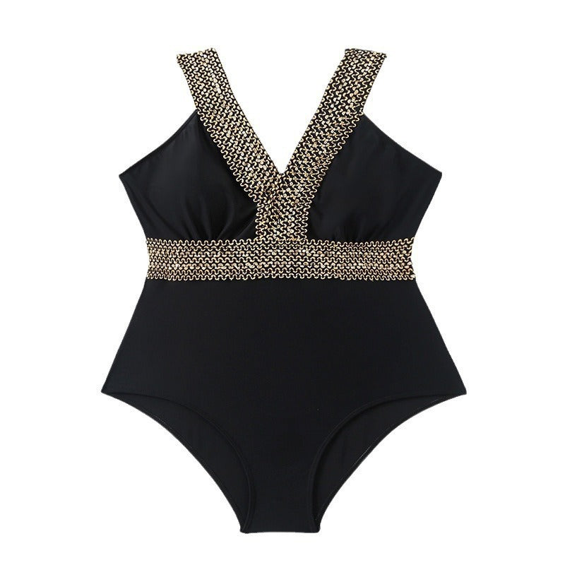 Damen eleganter Einteiler Badeanzug mit luxuriösem Goldakzent Drune