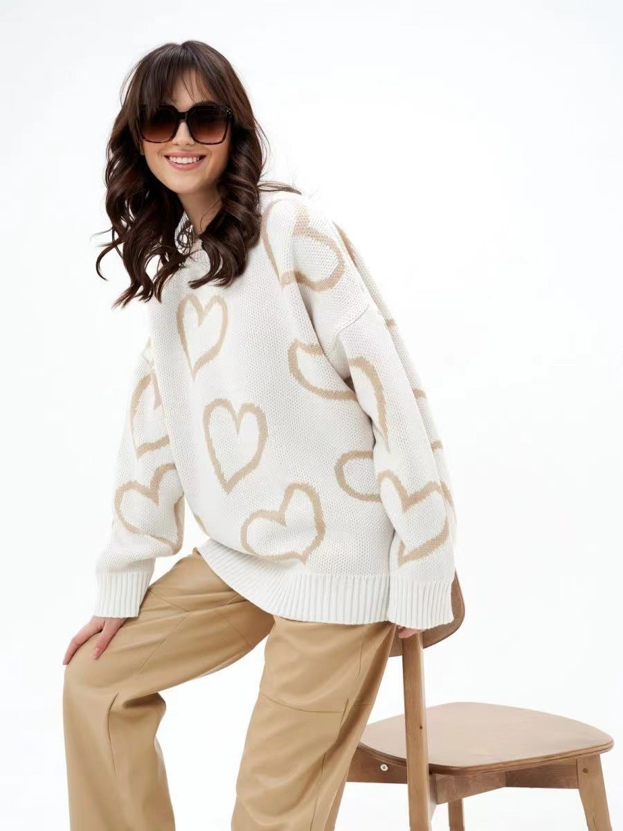 Damen Oversized Pullover mit Herzmuster und lässigem Schnitt Drune
