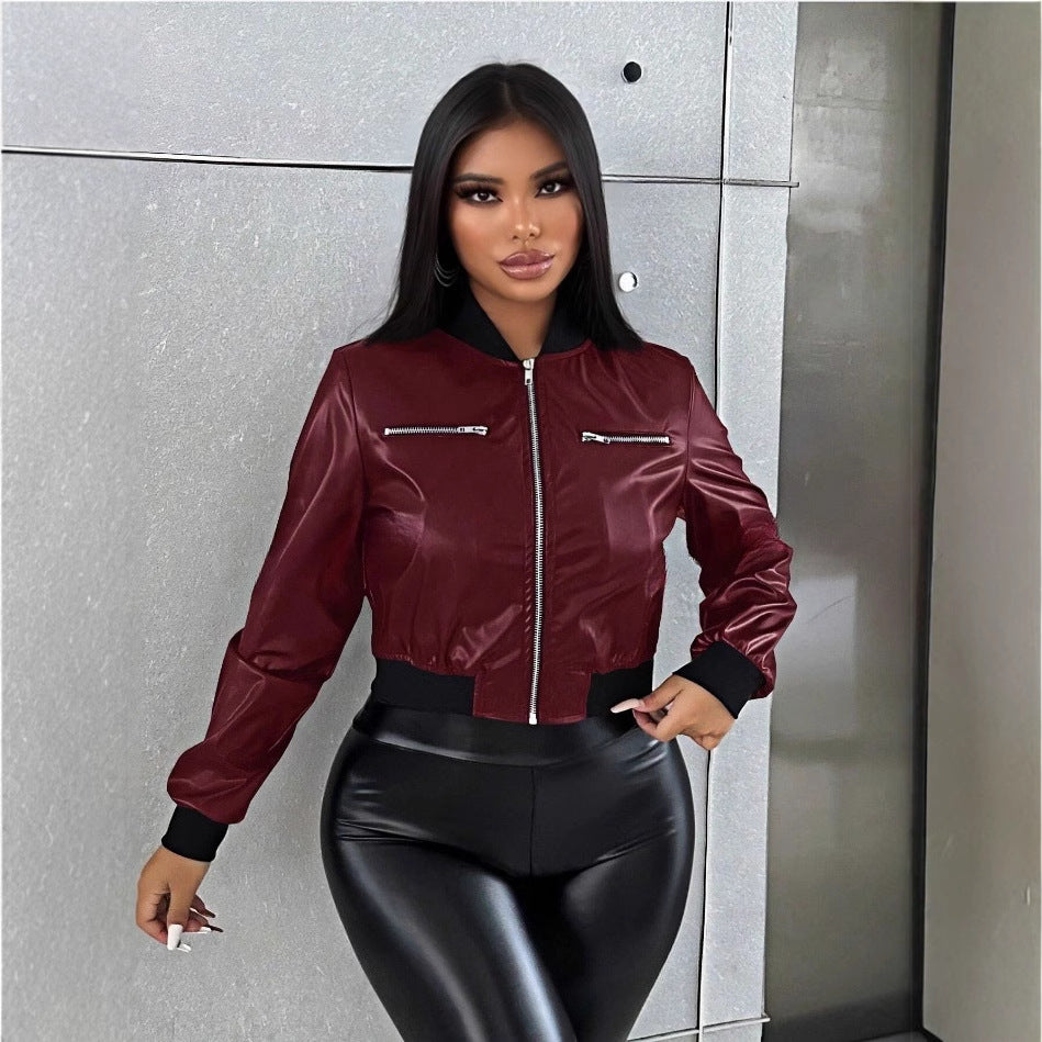 Damen cropped Kunstlederjacke mit glänzendem Finish und dekorativen Reißverschlüssen Drune