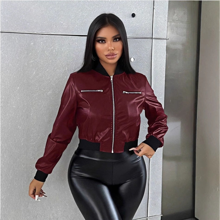 Damen cropped Kunstlederjacke mit glänzendem Finish und dekorativen Reißverschlüssen Drune
