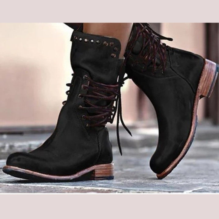 Damen Modische Stiefeletten mit dekorativen Schnür- und Nieten-Details Drune