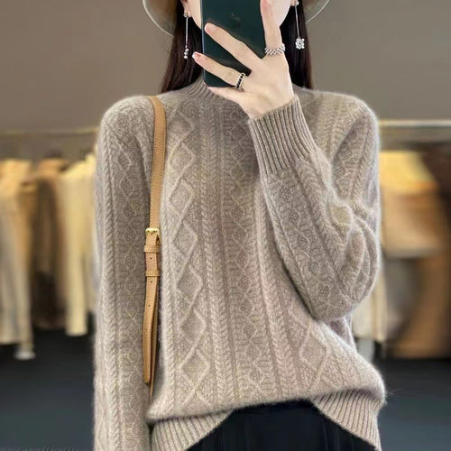 Damen Hochwertiger Strickpullover mit Stehkragen und Zopfdesign Drune