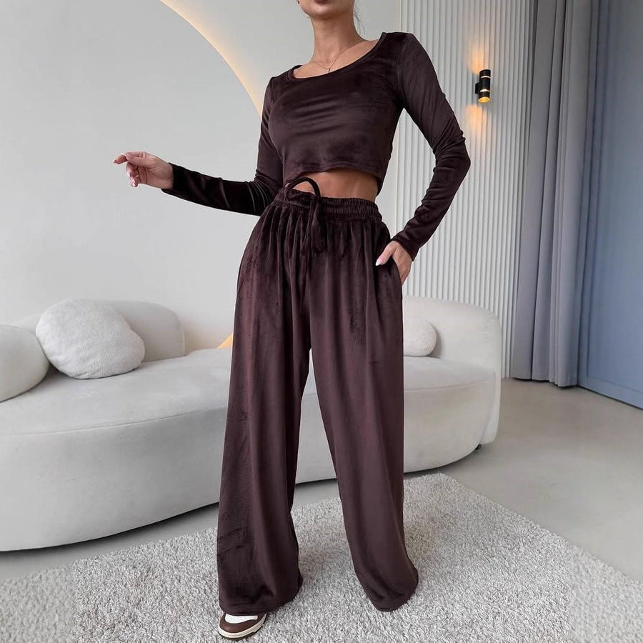 Damen Elegantes und bequemes Lounge-Set mit cropped Oberteil und weit geschnittenen Hosen Drune