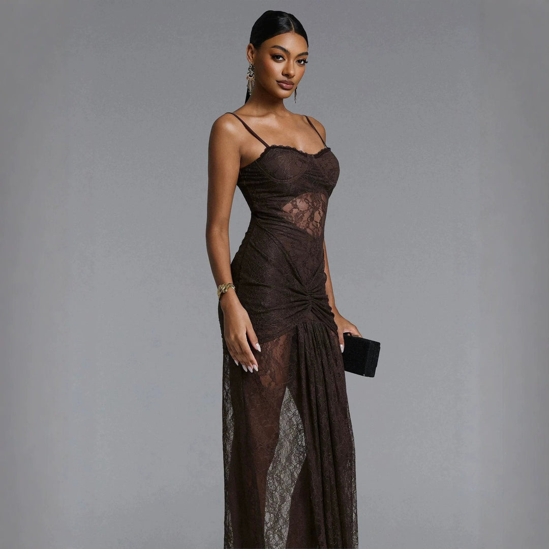 Damen Elegantes Spitzenmaxikleid mit raffinierter Drapierung Drune
