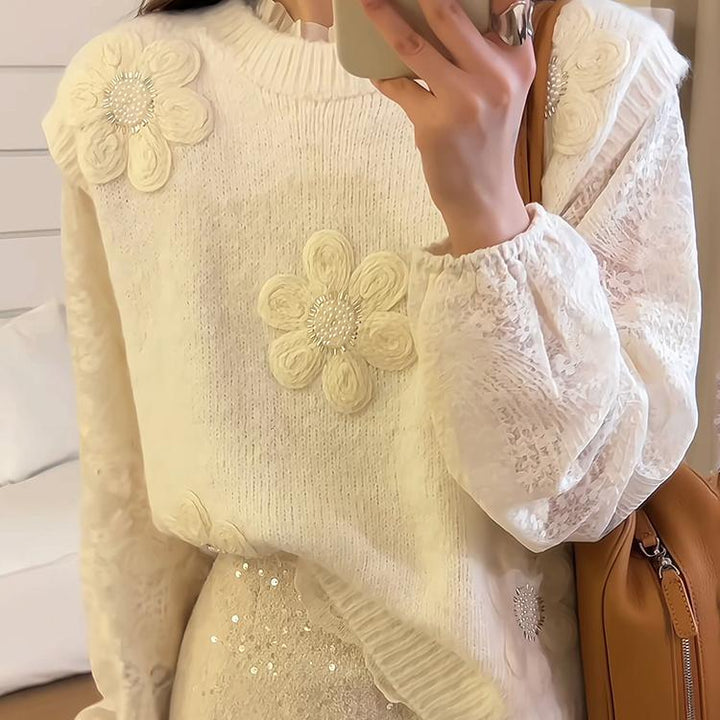 Damen Strickpullover mit floralen Applikationen und strukturierter Oberfläche Drune
