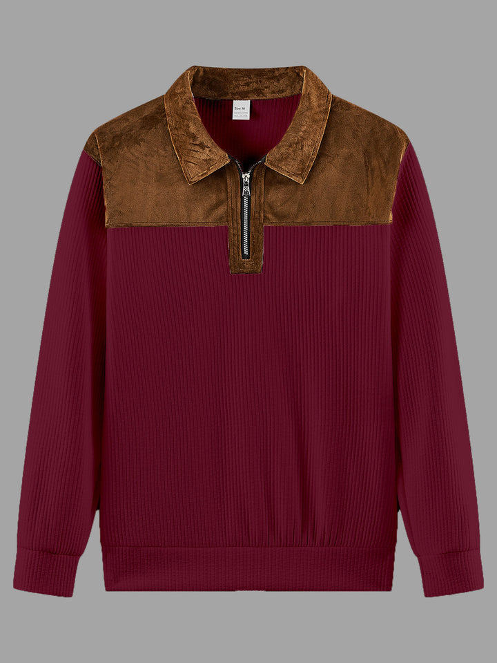 Unisex nan feinstrukturierter Strickpullover mit halbem Reißverschlusskragen und Samtbesatz Drune