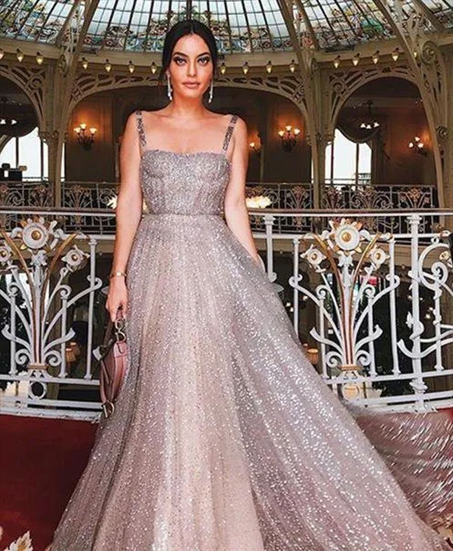 Damen Glitzerndes A-Linien Kleid mit Spaghetti-Trägern Drune