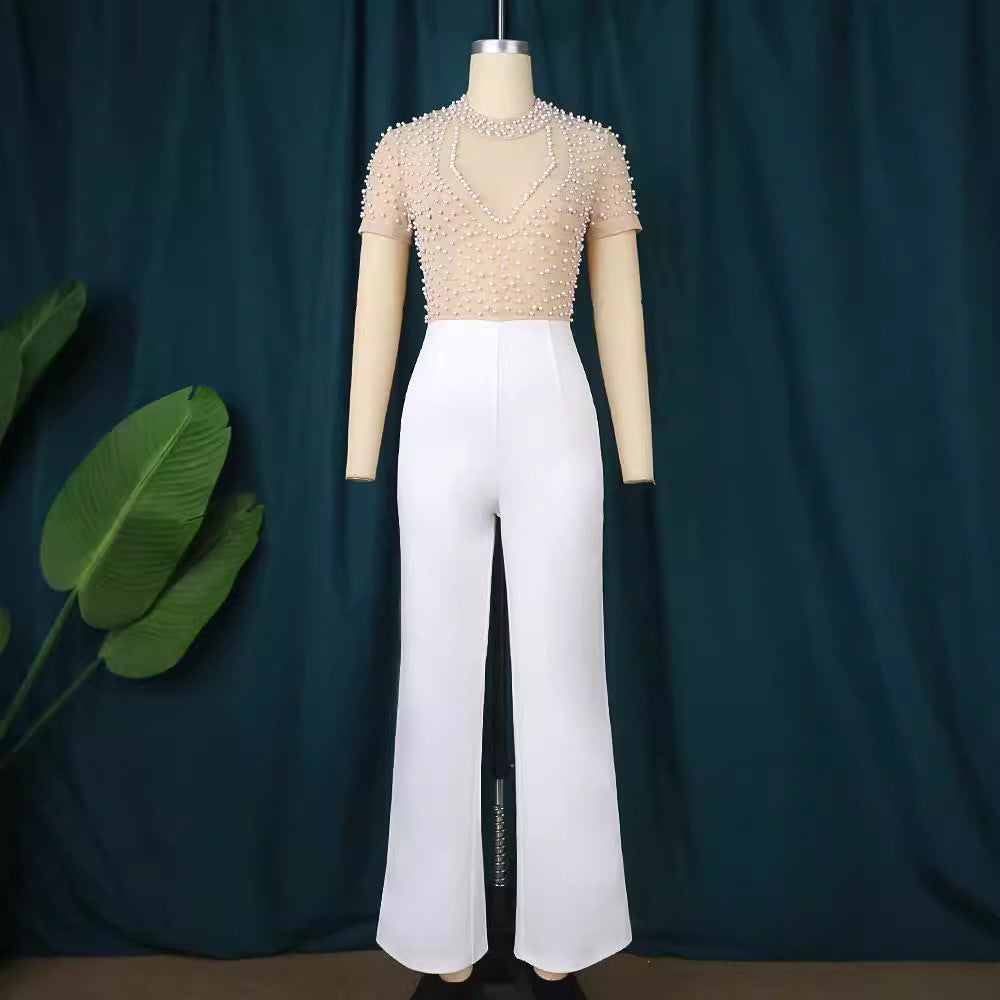 Damen eleganter Jumpsuit mit glitzernden Perlenakzenten Drune