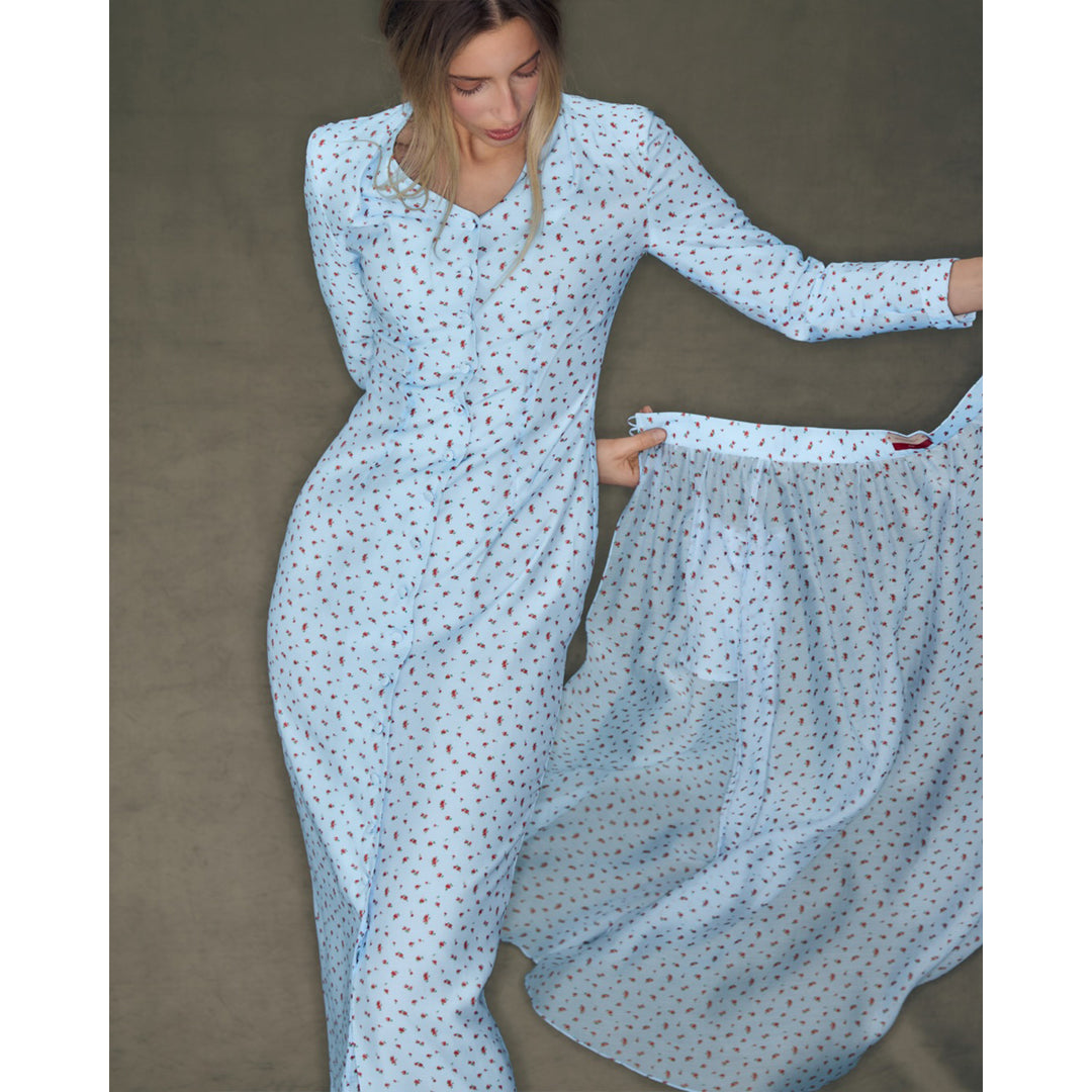 Damen Maxi-Silhouette Kleid mit eleganten Rüschendetails und Knopfleiste Drune
