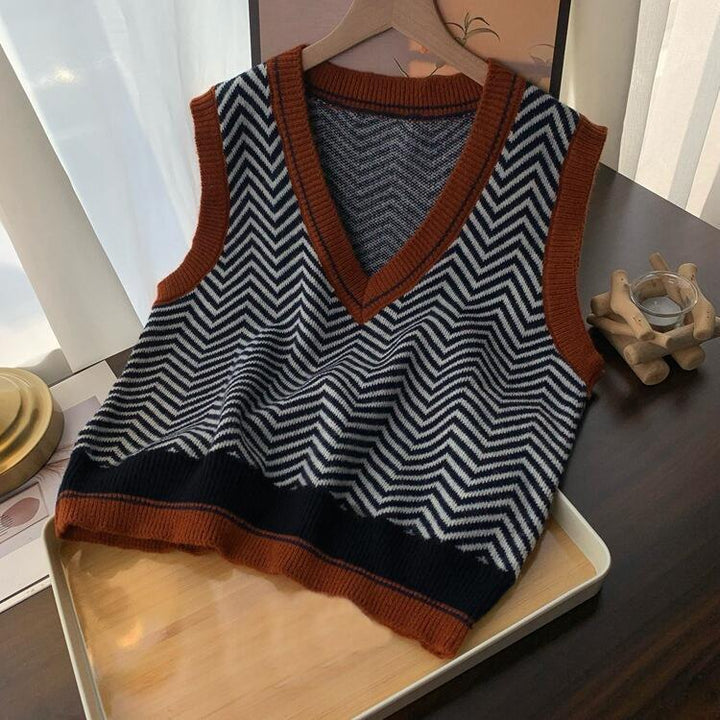 Damen Strickpullover mit V-Ausschnitt und modernem Zickzackmuster Drune