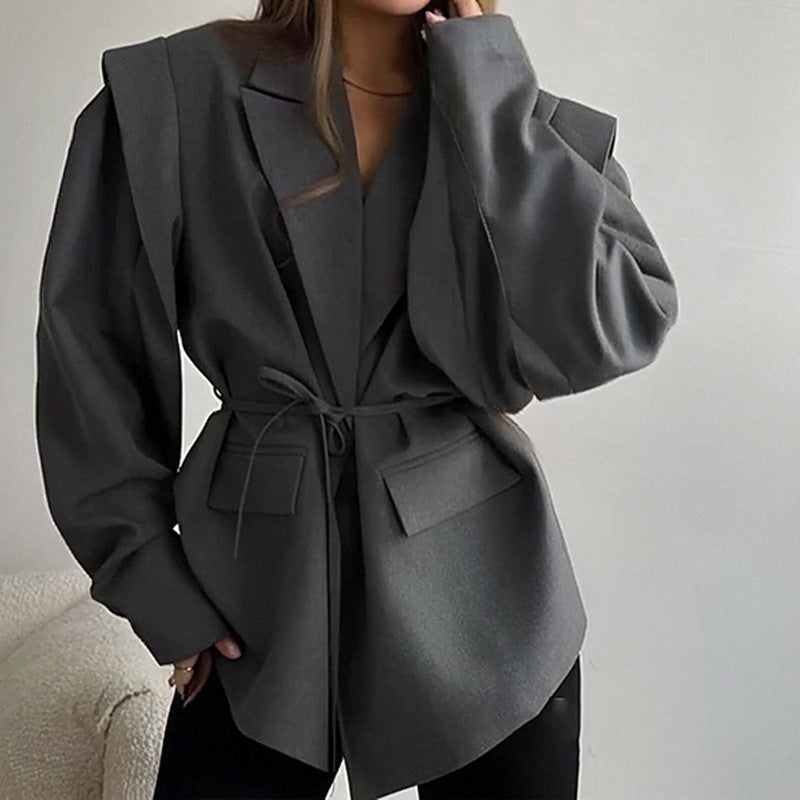 Damen nan taillierter Blazer mit Bindegürtel und Oversize-Ärmeln Drune