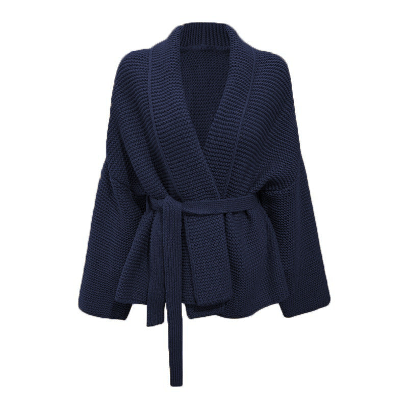 Damen Grobstrick-Wickeljacke mit breitem Schalkragen und bindbarem Gürtel Drune