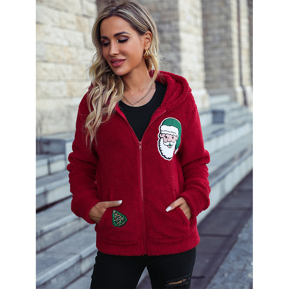 Damen kuschelige Weihnachtsjacke mit Kapuze und festlichem Druck Drune