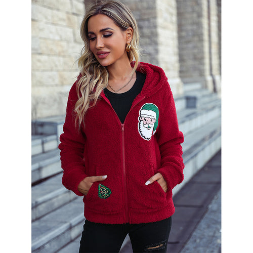 Damen kuschelige Weihnachtsjacke mit Kapuze und festlichem Druck Drune