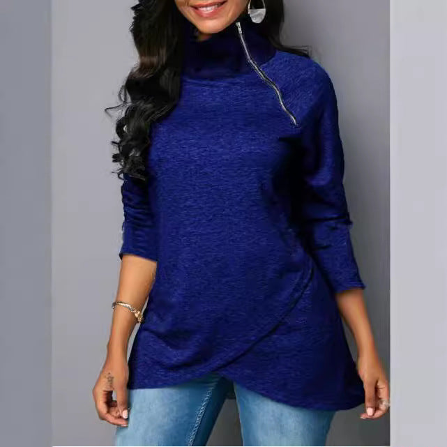 Damen Rundhals Shirt mit hoher Kragen und Reißverschluss Drune