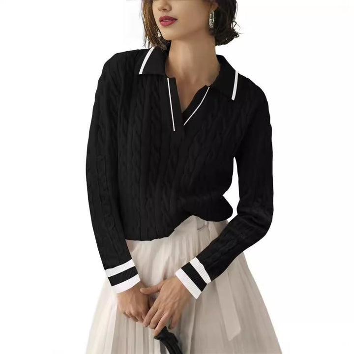 Damen Strickpullover mit Karpfen-Muster und kontrastierenden Bündchen Drune