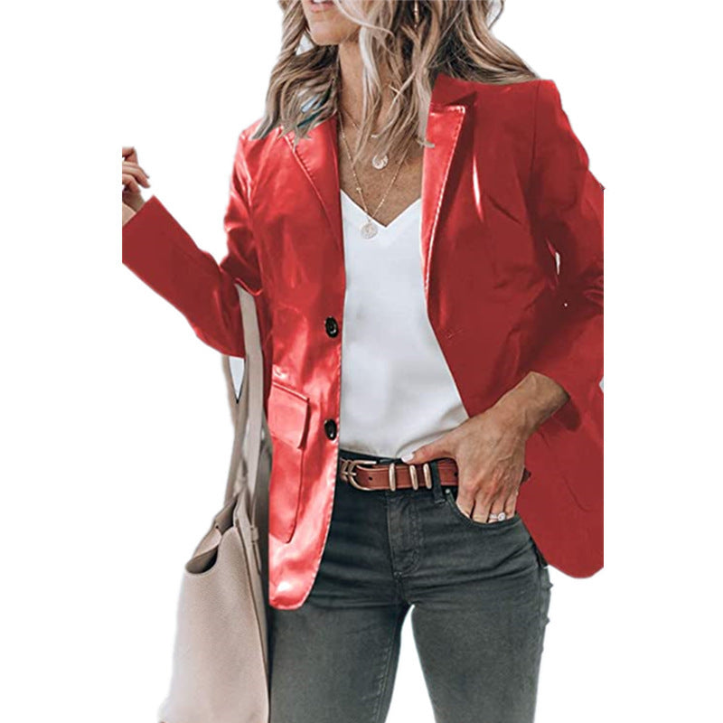 Damen Eleganter Blazer mit glänzender Oberfläche und praktischen Taschen Drune