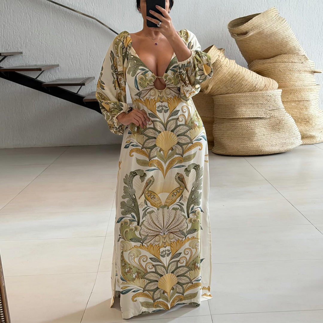Damen Maxikleid mit kunstvollem Floral-Design und tiefem V-Ausschnitt Drune