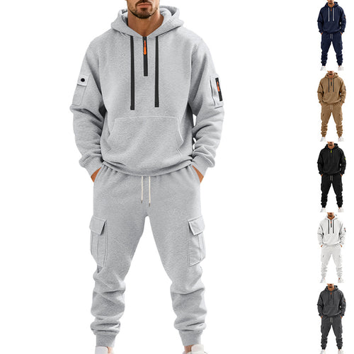 Herren nan zweiteiliges Utility-Freizeitset Hoodie mit halbhohem Reißverschluss, Ärmeltasche und Cargo-Jogginghose mit Klappentaschen Drune