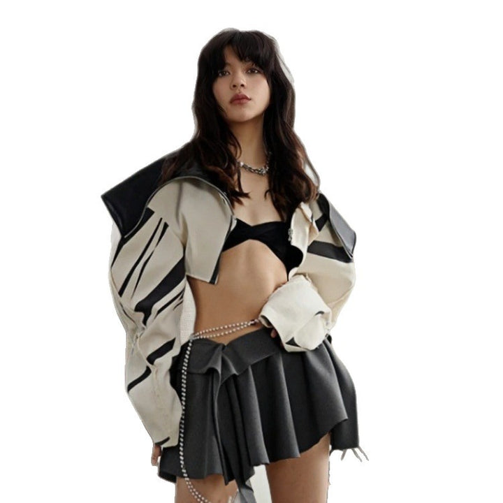 Damen Modische Cropped Jacke mit geometrischem Design und Kunstlederdetails Drune