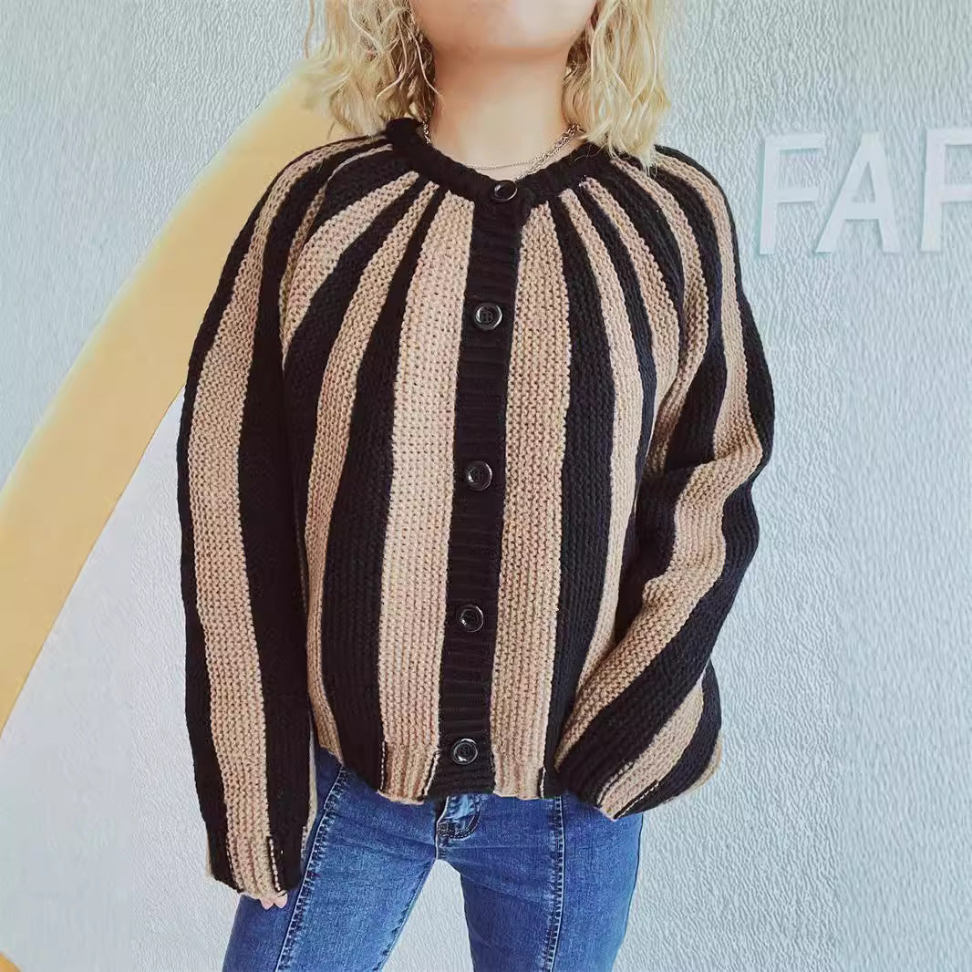 Damen modische Strickjacke mit vertikalen Blockstreifen Drune