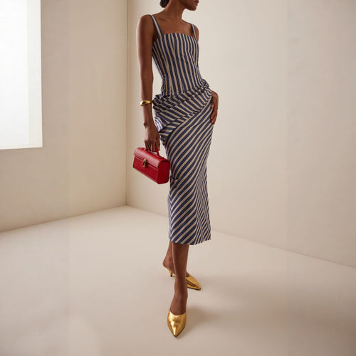 Damen Maxikleid mit asymmetrischen Drapierungen und hohem Schlitz Drune