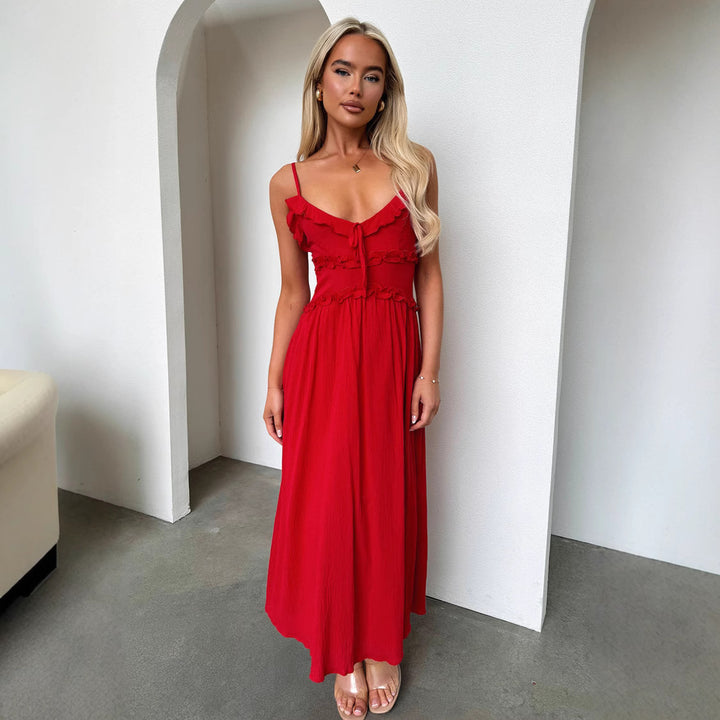 Damen Maxikleid mit zarten Rüschen und verstellbaren Spaghetti-Trägern Drune