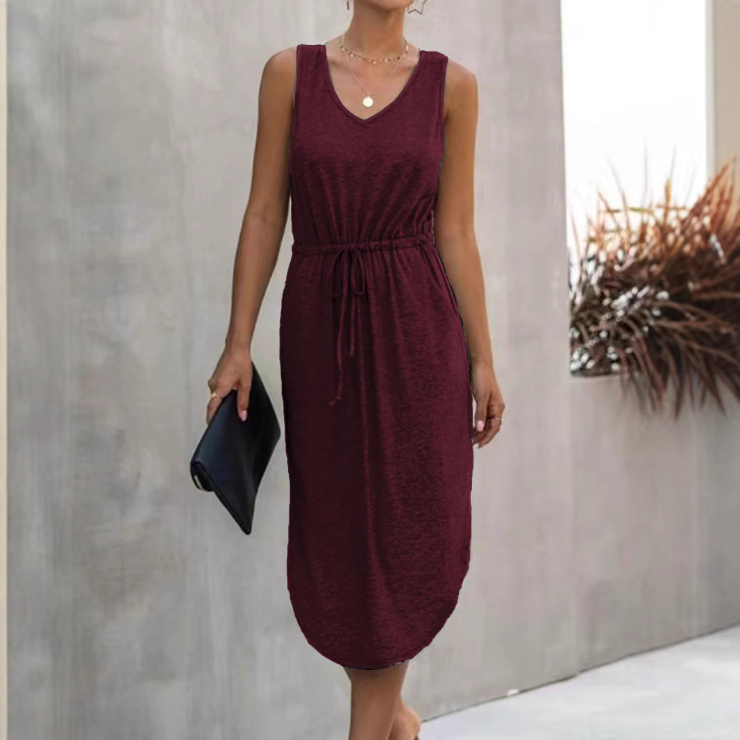 Damen lässiges Maxikleid mit V-Ausschnitt und elastischem Taillenbund Drune