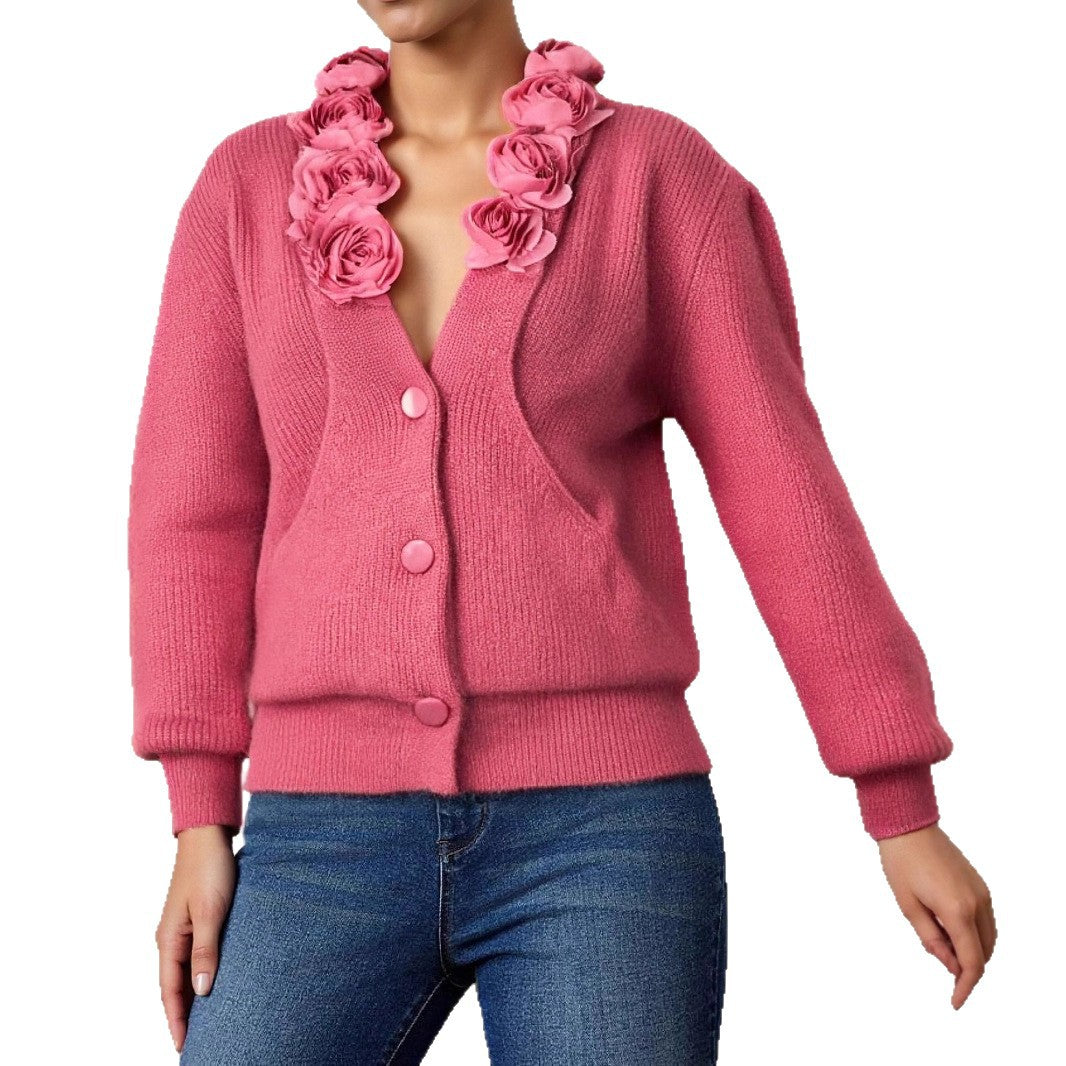Damen Strickjacke mit floraler Applikation und tiefem V-Ausschnitt Drune
