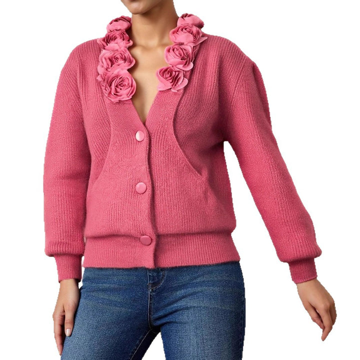 Damen Strickjacke mit floraler Applikation und tiefem V-Ausschnitt Drune