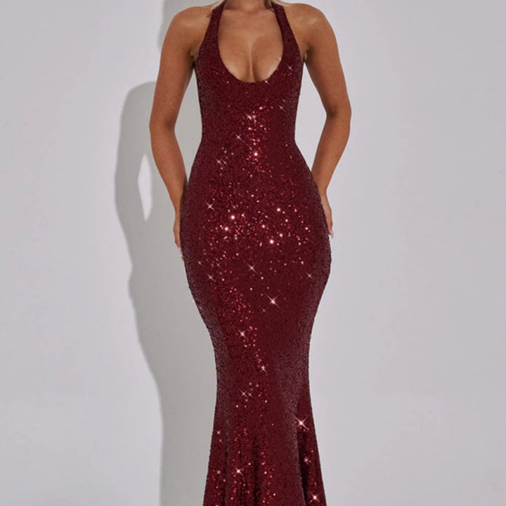 Damen Glamouröses Pailletten-Maxi-Kleid mit tiefem V-Ausschnitt und schmalem Schnitt Drune