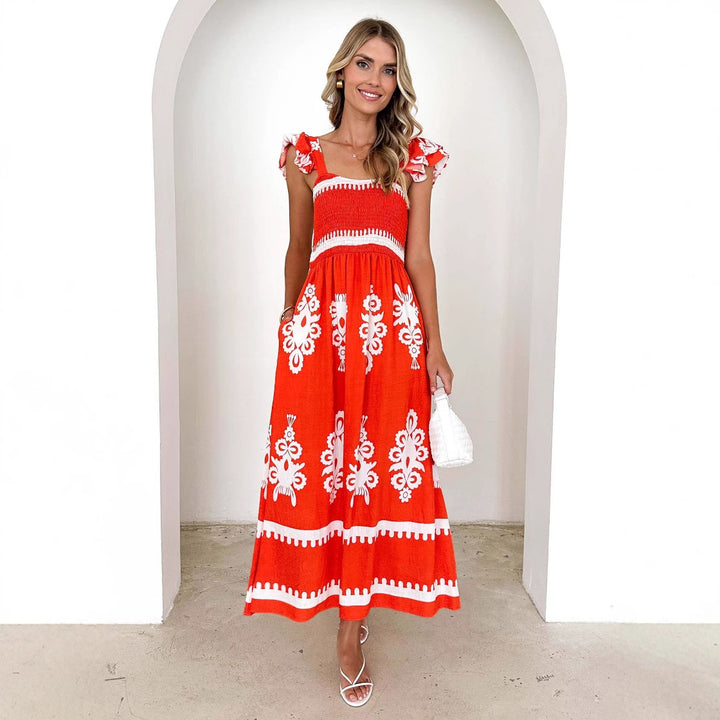 Damen Maxikleid mit floralen Stickereien und Rüschendetails Drune