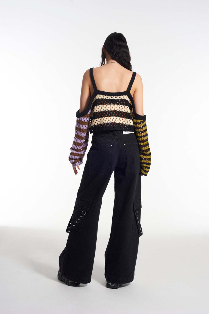 Damen gehäkeltes Crop-Top mit kreativen Streifen und dekorativen Ärmeln Drune