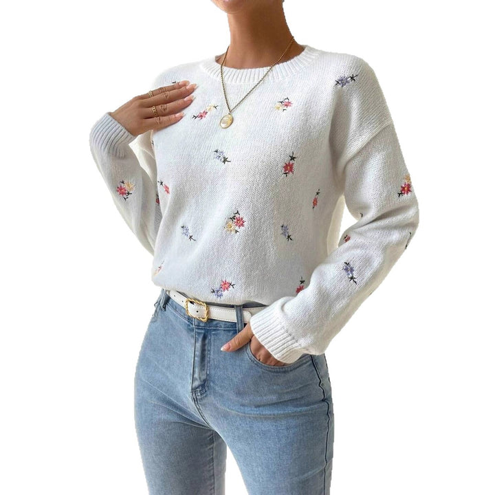 Damen Feinstrickpullover mit floralem Stickdesign und Rundhalsausschnitt Drune