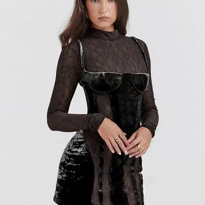 Damen elegantes Spitzen-Minikleid mit Samt-Detail und figurbetontem Schnitt Drune