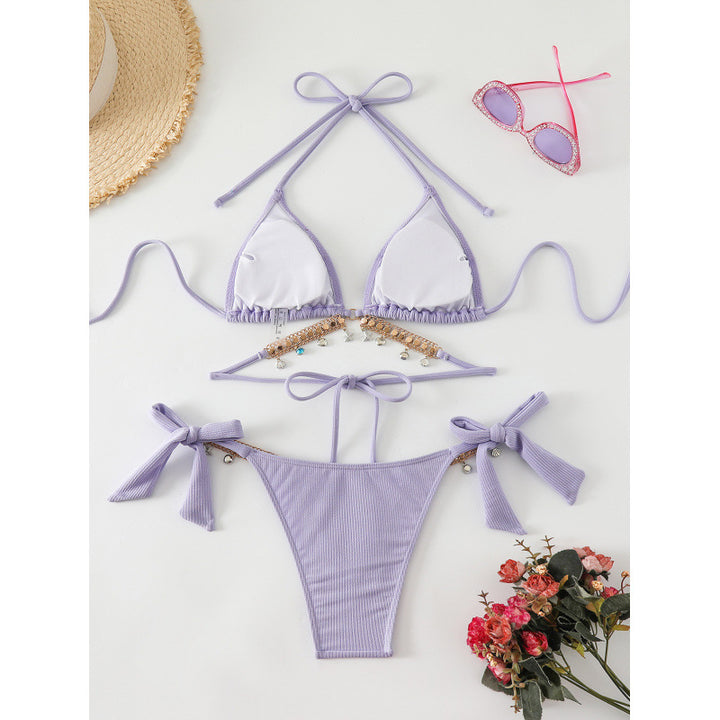 Damen Triangel-Bikini mit modischen Schmuckdetails und Bindebändern Drune