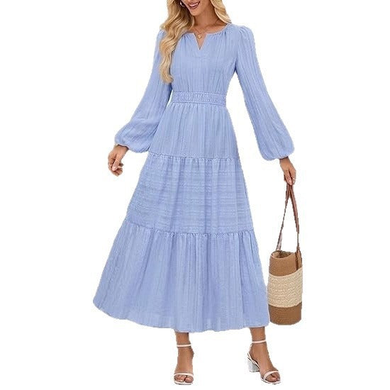 Damen Maxikleid mit eleganten Puffärmeln und gesmoktem Taillenbereich Drune